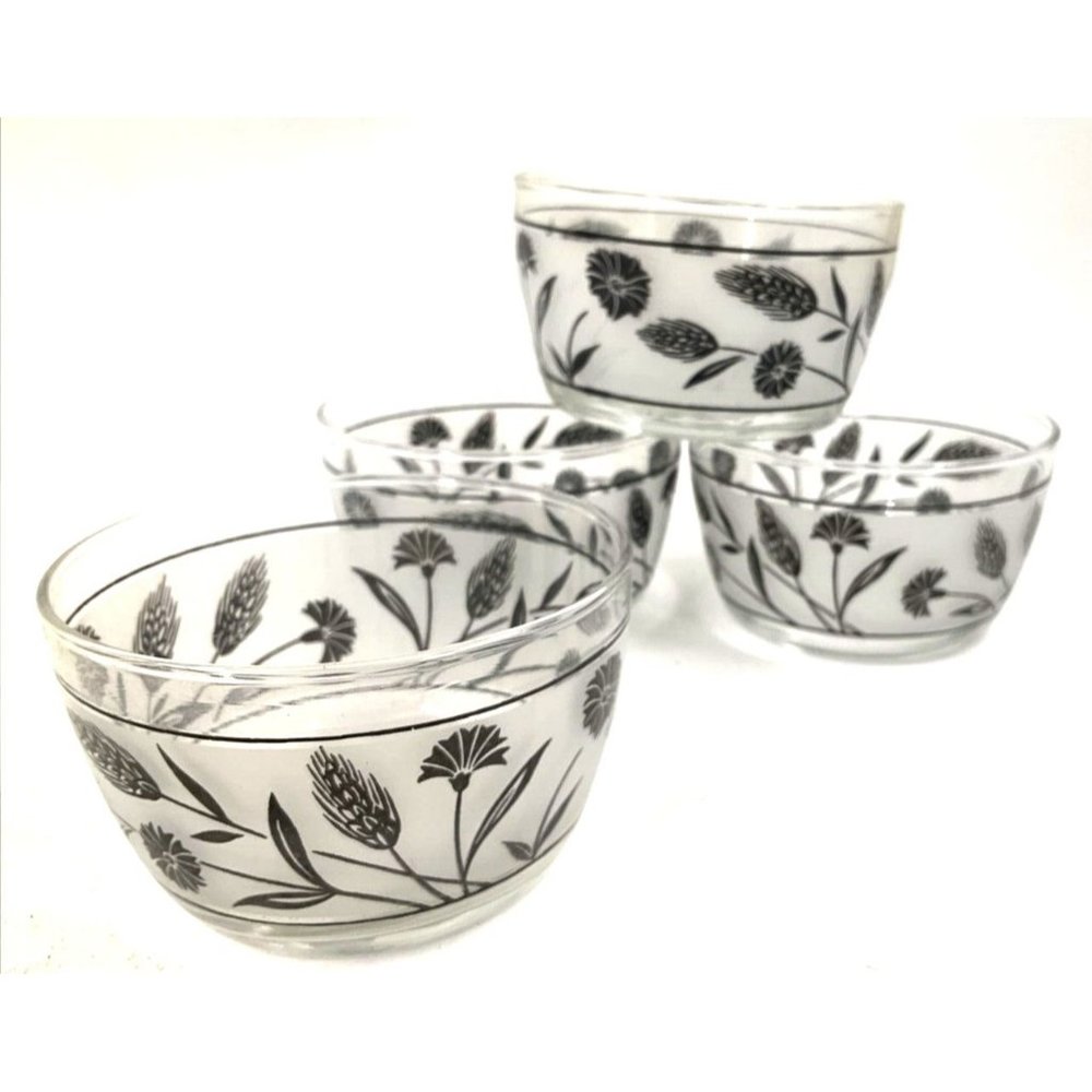 4 Libbey Silver Wheat Snack Fruit Bowls Set Vintage 3 1/2" Leaf Frosted Glass EU